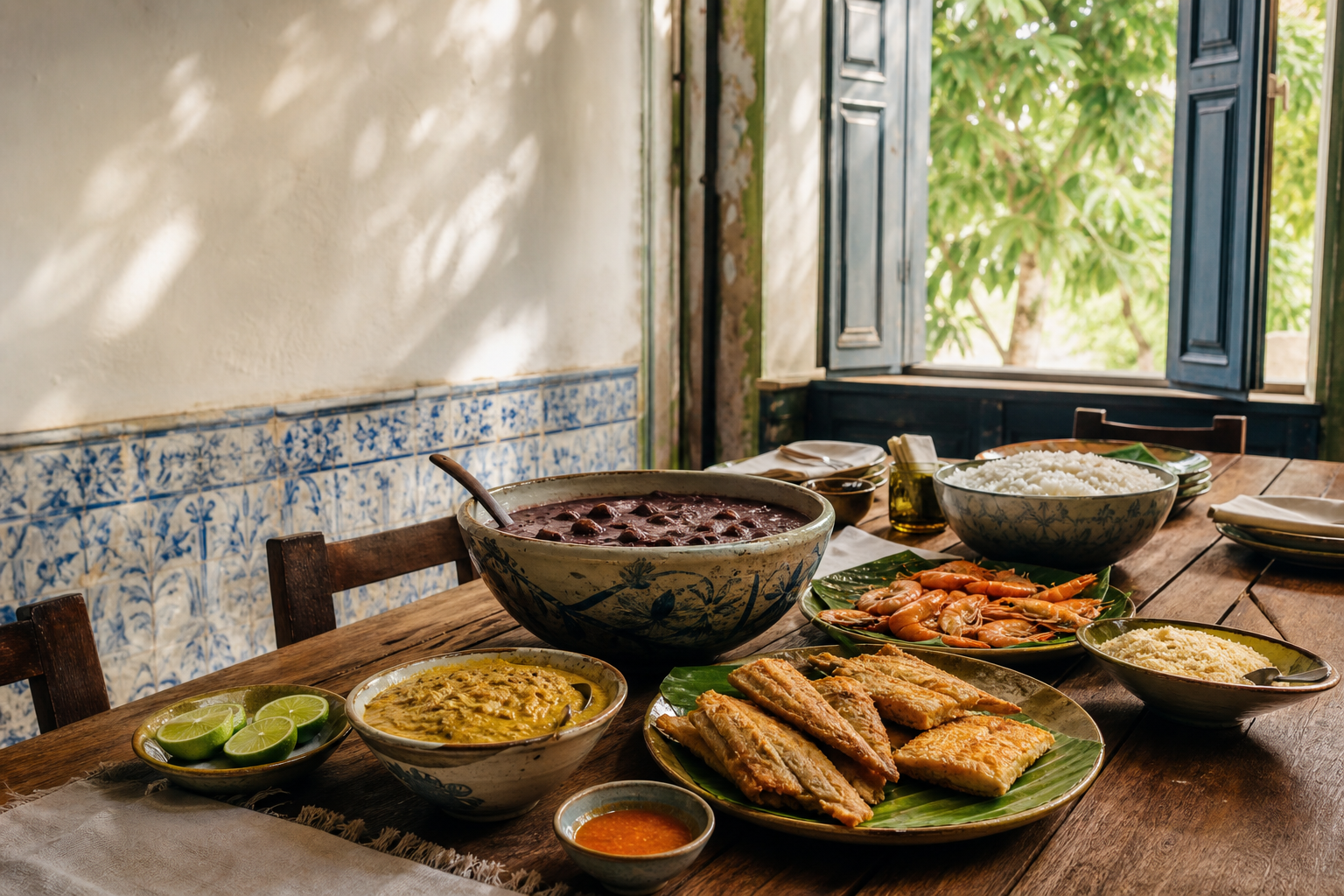 Almoço paraense em uma casa de Belém com azulejos azuis