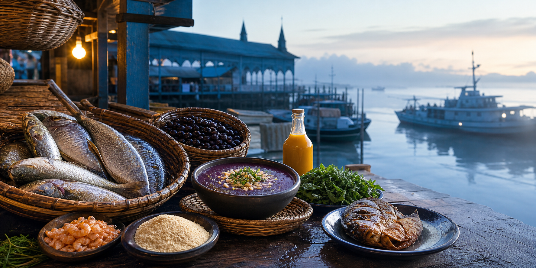 Peixes, açaí, jambu e tucupi junto à baía do Guajará